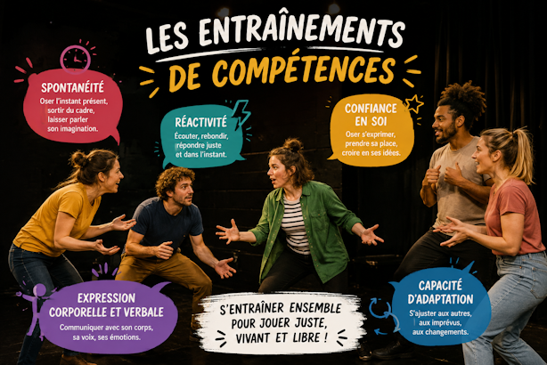 Généré via ChatGPT avec le prompt suivant : Pour le site internet d'une troupe de théâtre d'improvisation, une image représentant les entrainements de compétences avec comme mots clés : Spontanéité, Réactivité, Confiance en soi, Expression corporelle et verbale, Capacité d'adaptation.
