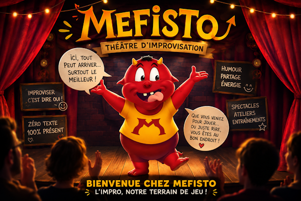 Généré via ChatGPT avec le prompt suivant : Pour le site internet d'une troupe de théâtre d'improvisation nommée MEFISTO, une image d'acceuil, drôle et acceuillante en intégrant notre logo.